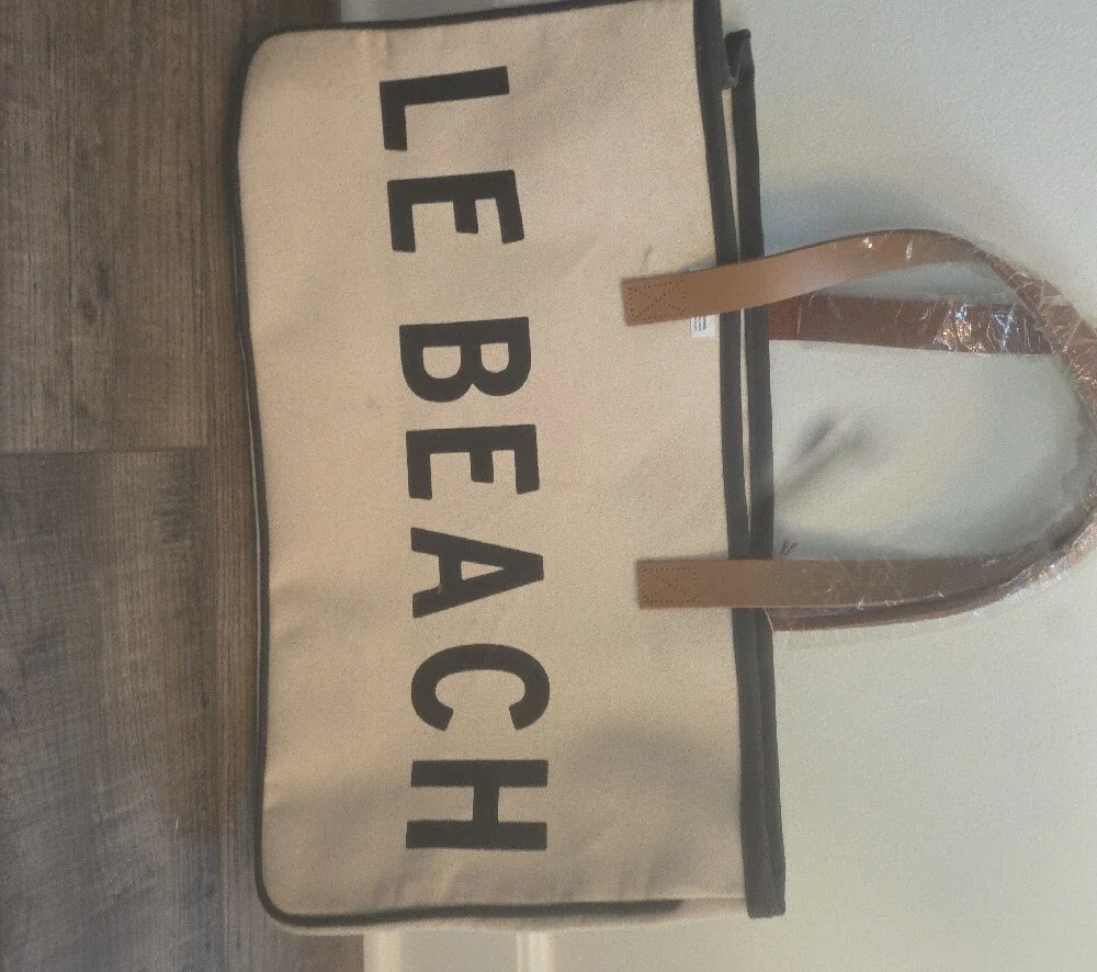 Canvas Carry Tote Bag with Leather Handles - Beige/Black